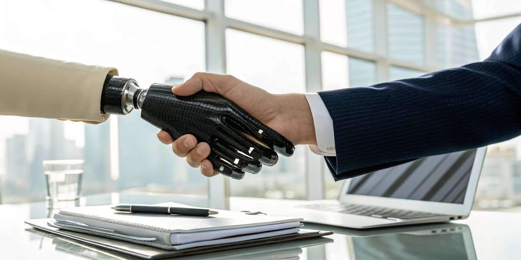 A handshake with a prosthetic hand after securing compensation for loss of limb.