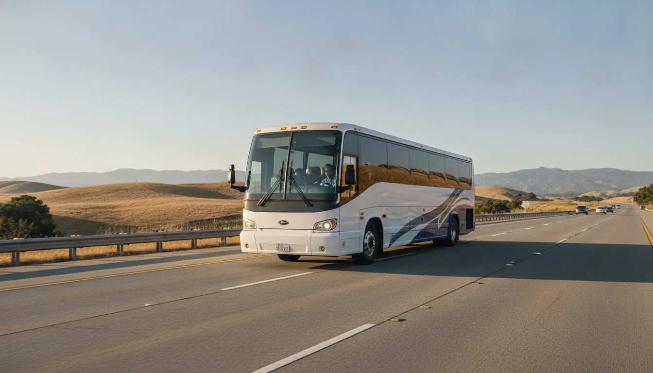 Bus on a California highway with light traffic and clear skies