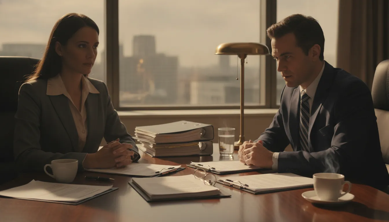Lawyer and insurance adjuster negotiating at a conference table in a professional office setting
