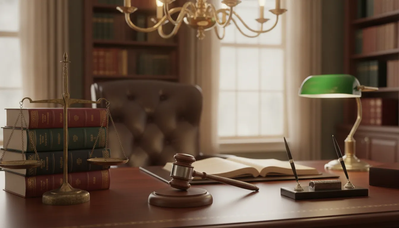 A wooden gavel, scales of justice, and law books on a professional legal desk representing pain and suffering California calculations.