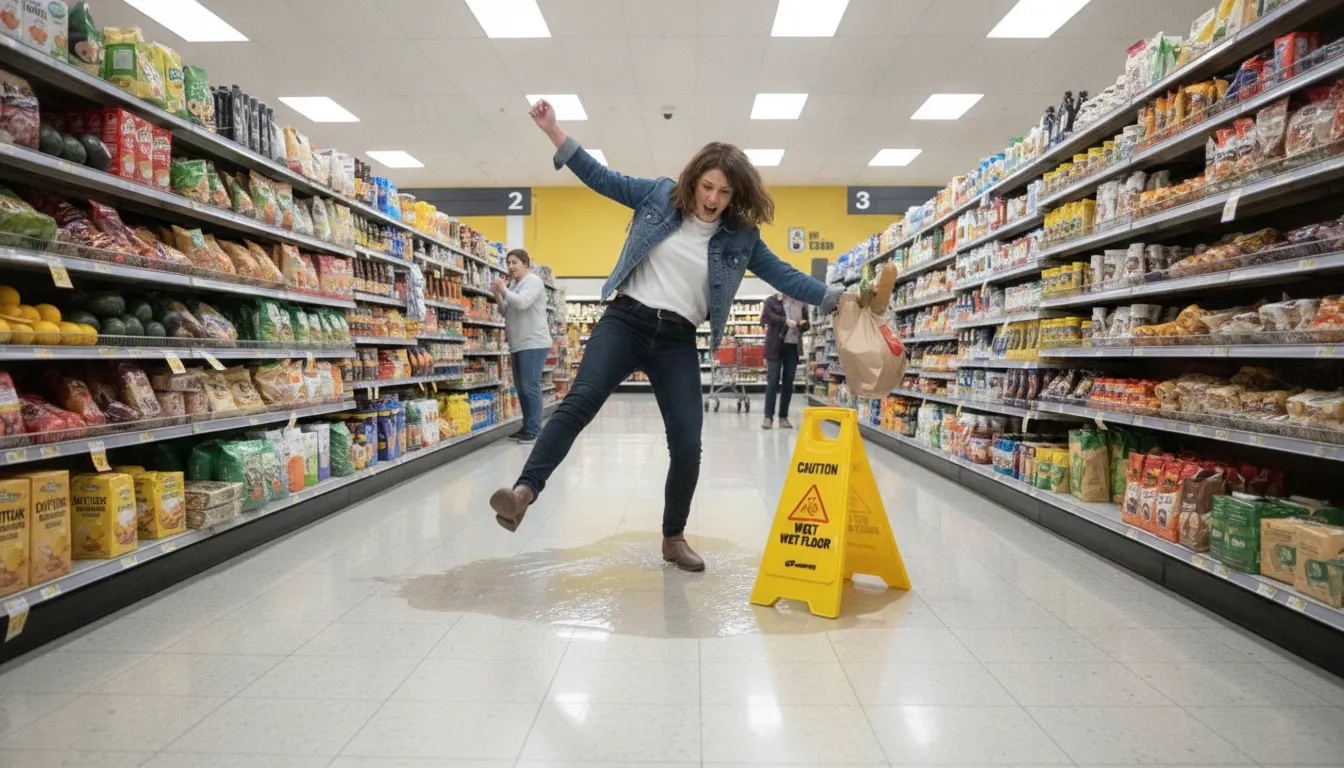 Person slipping on wet floor in a grocery store with a yellow warning cone nearby