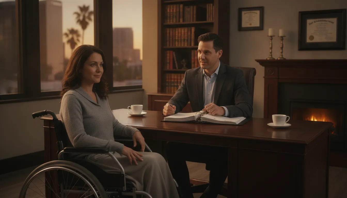 Personal injury lawyer consulting with a spinal cord injury client in a California law office
