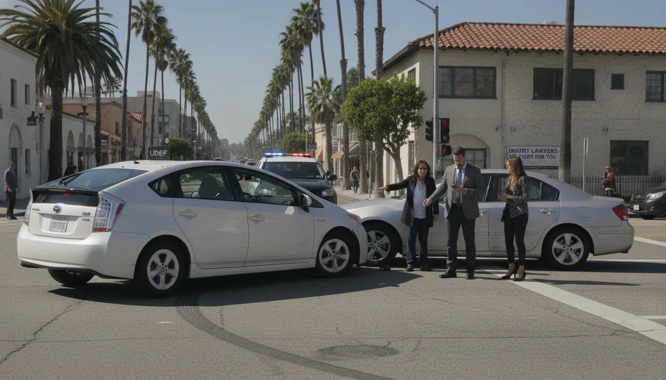 Police car and damaged vehicles at a California intersection after a rideshare collision