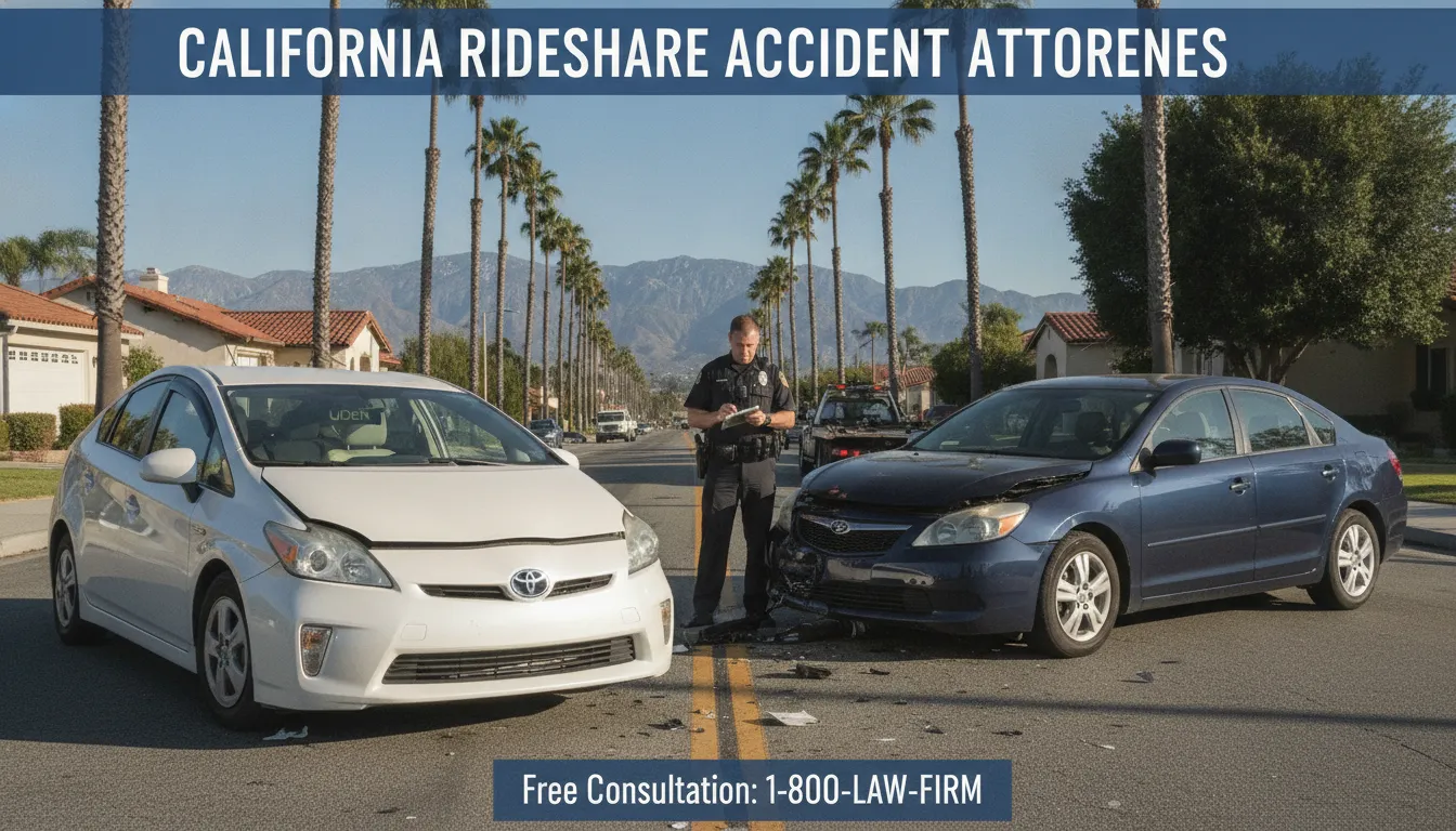 Car accident scene showing a rideshare vehicle and another car with a police officer on a sunny California street