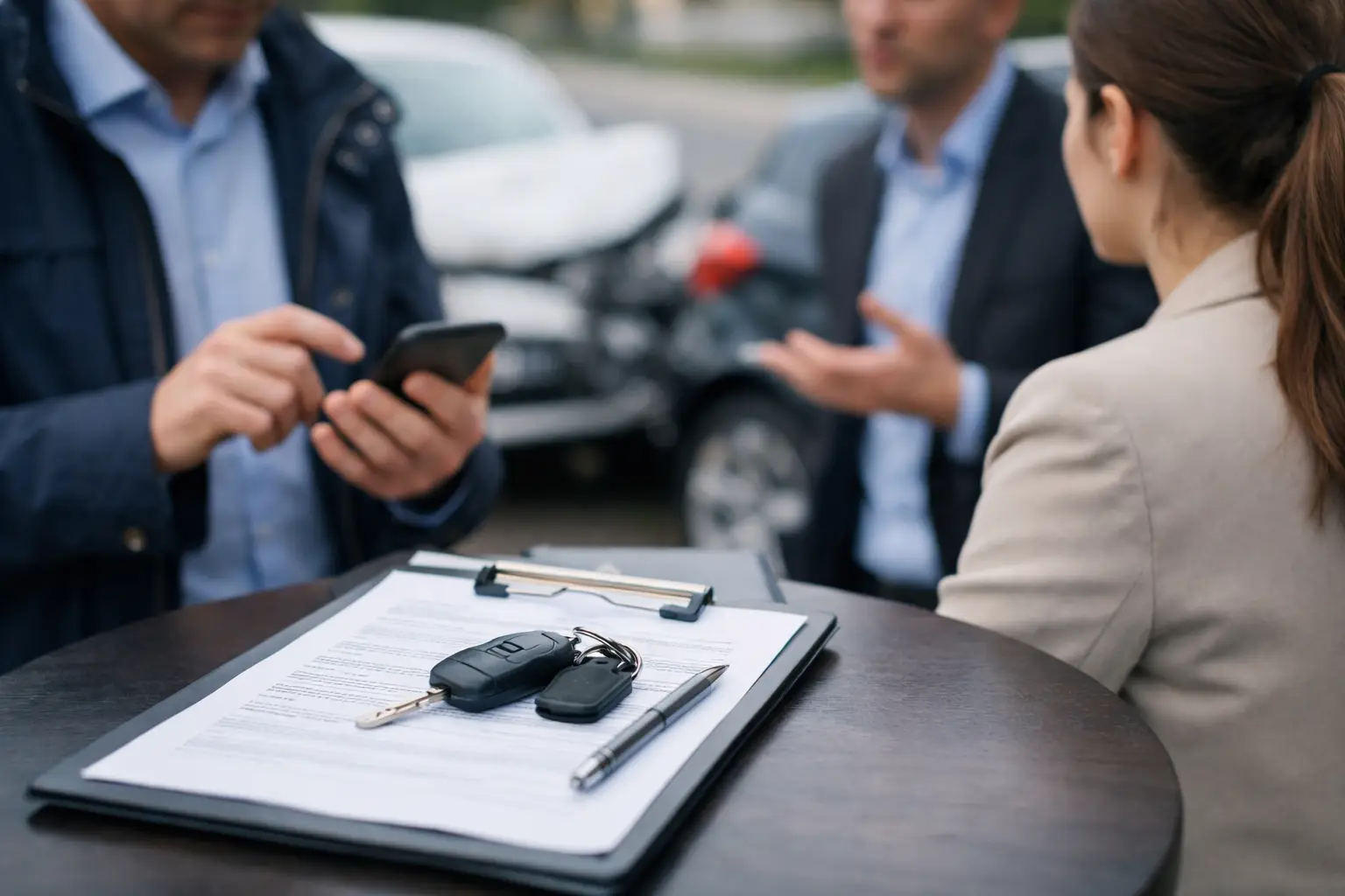 Car accident paperwork with keys and people