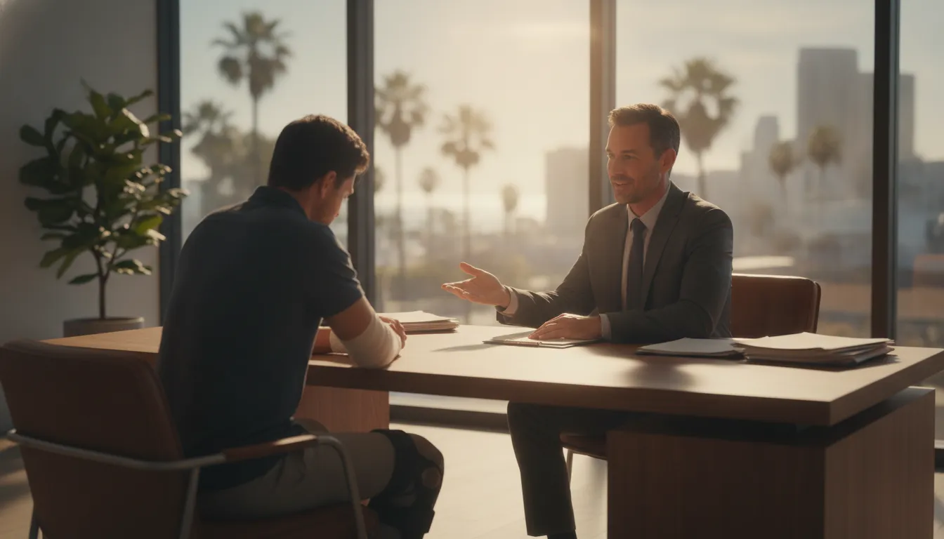 Attorney meeting with an injured client in a bright California law office to discuss personal injury damages