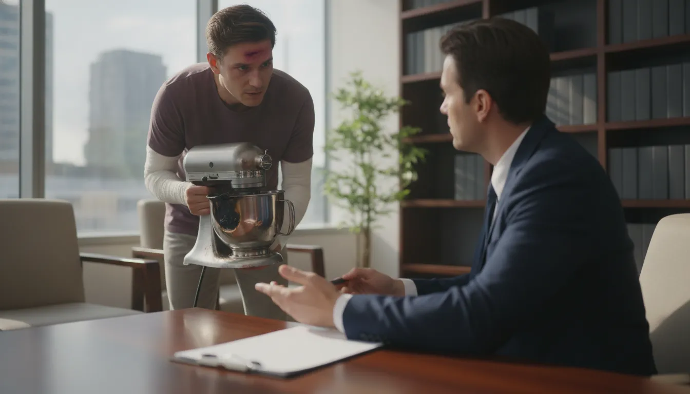 Injured person consulting with a defective product injury attorney in a bright California law office