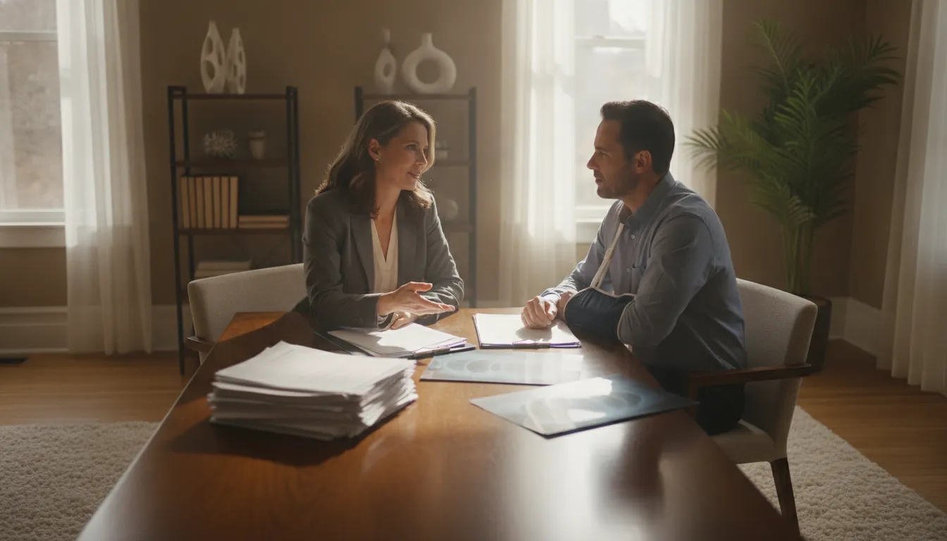 Attorney reviewing medical records with a concerned patient