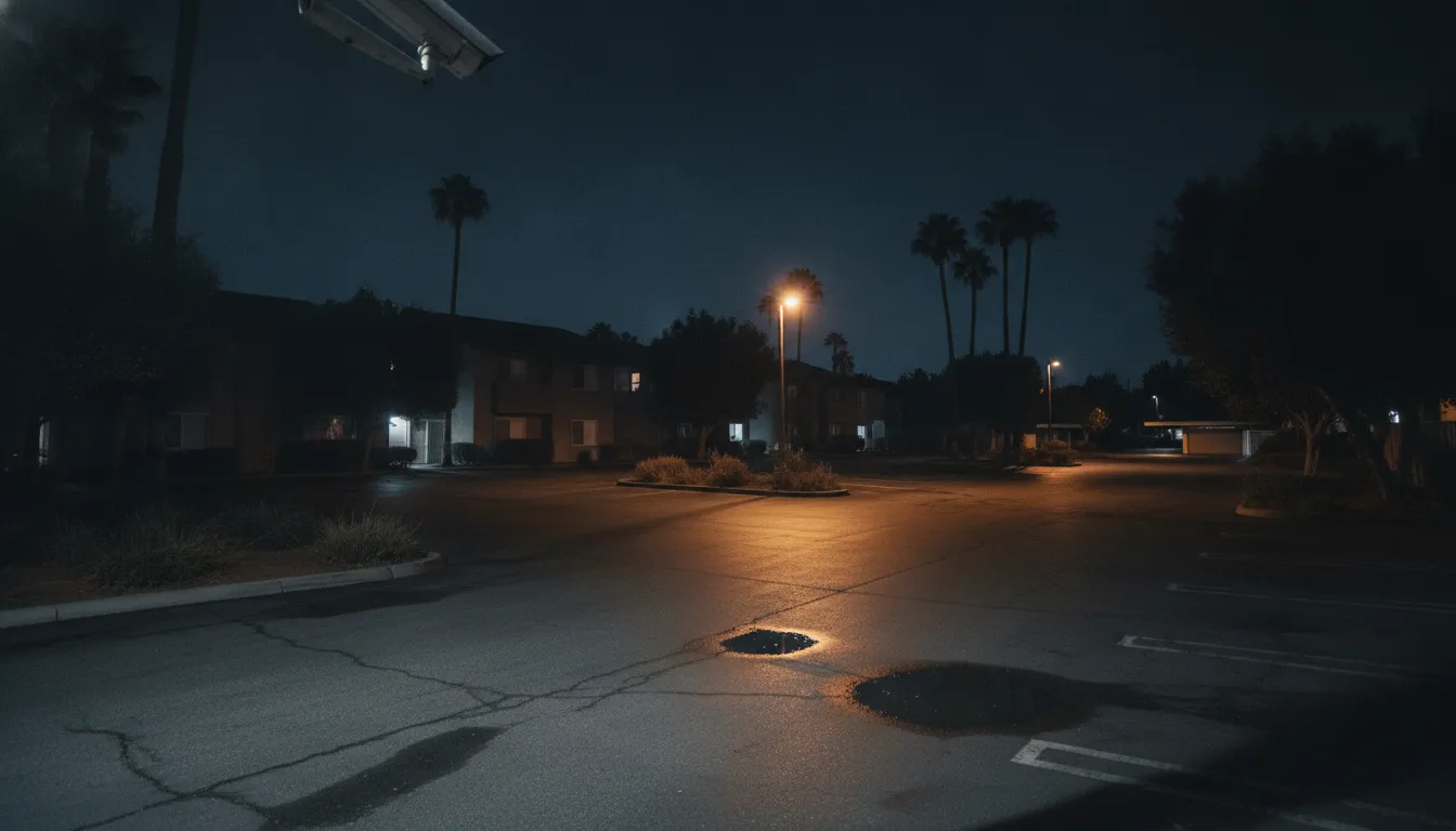 Dimly lit apartment parking lot at night with a security camera mounted above a single working light