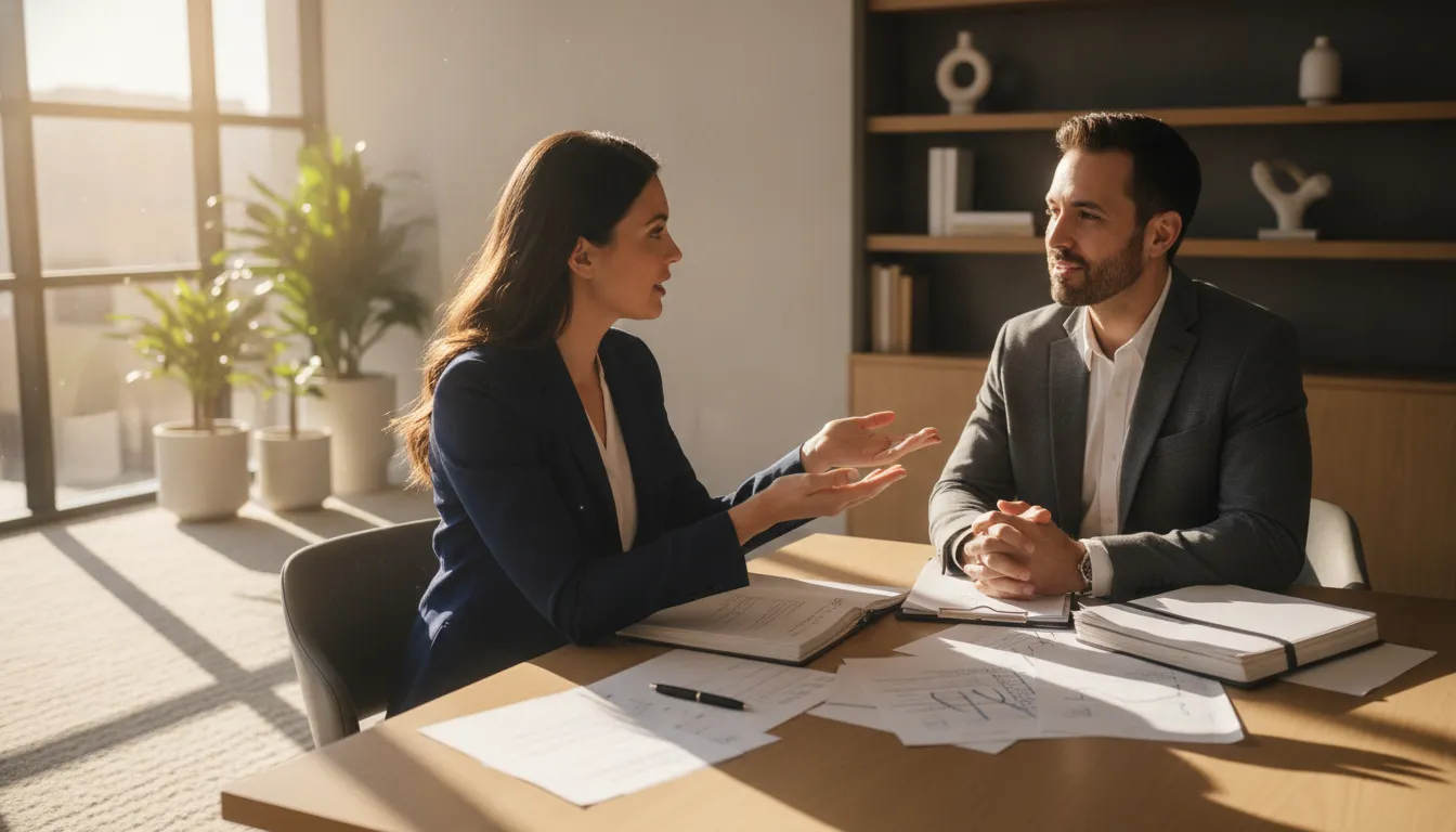 California personal injury attorney meeting with a client in a bright modern law office