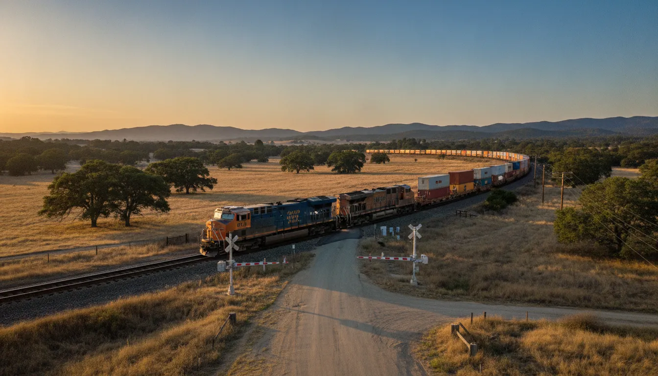 Freight train crossing a rural California railroad crossing at sunset with warning gates lowered