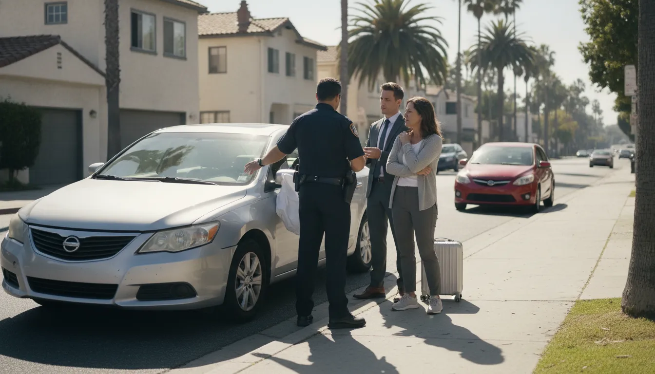 A rideshare car stopped at the side of a California road after a collision, with a police officer and a lawyer speaking to a passenger