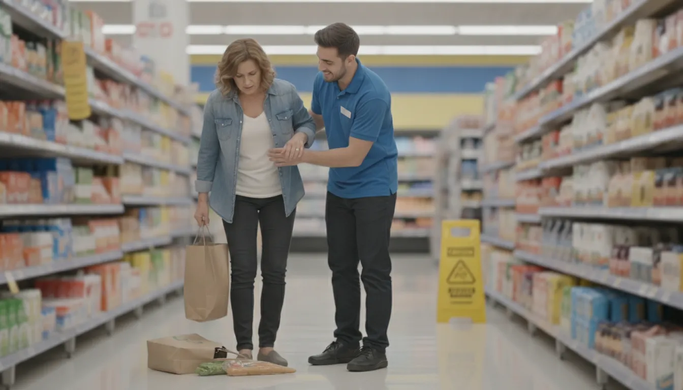 Person being assisted after a slip and fall on a wet store floor in California