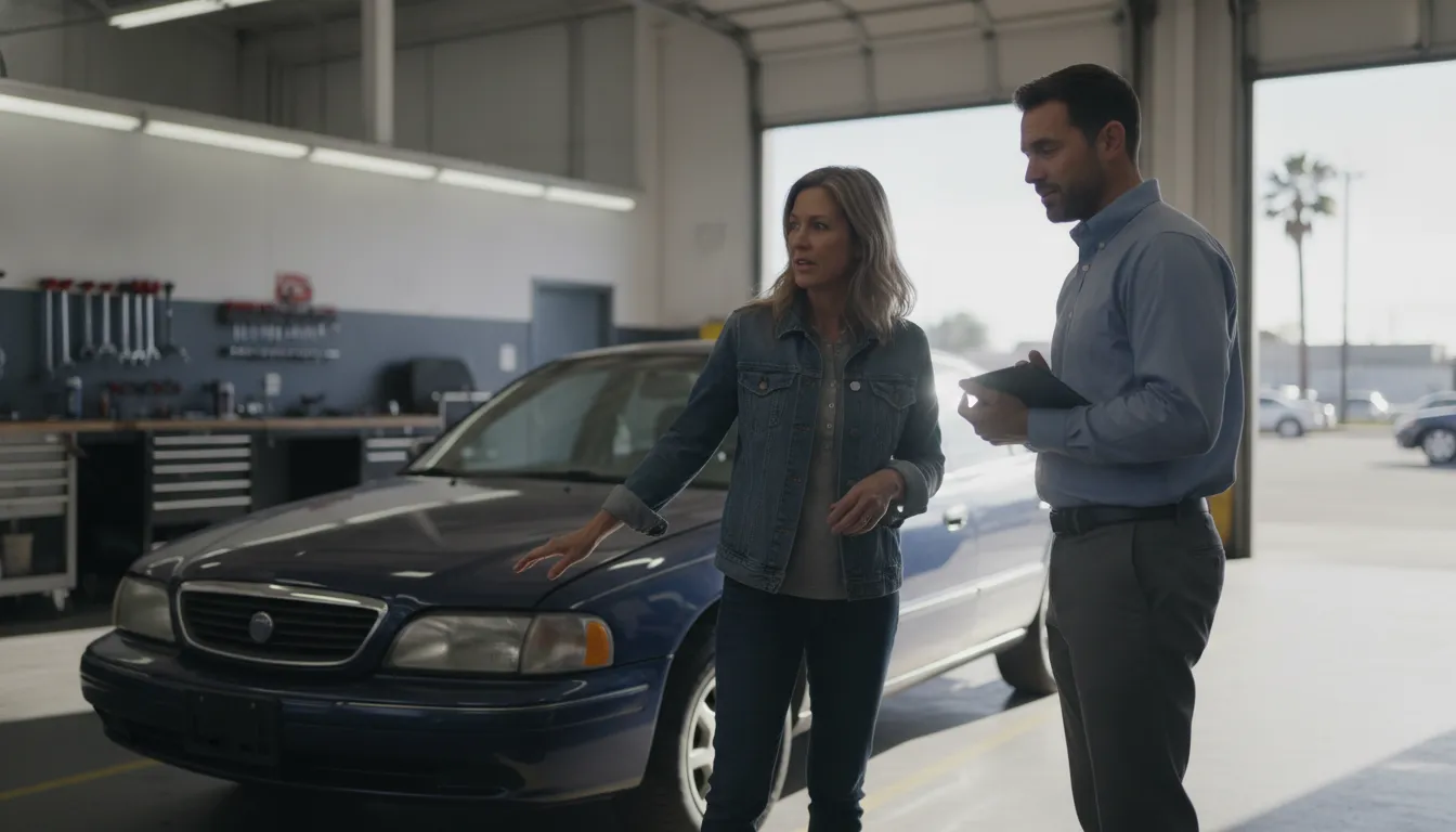 Driver and claims professional reviewing a damaged vehicle after a California crash