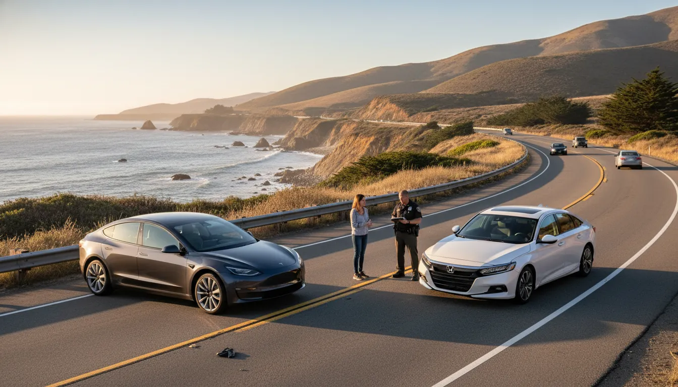Vehicles safely stopped beside a California coastal highway