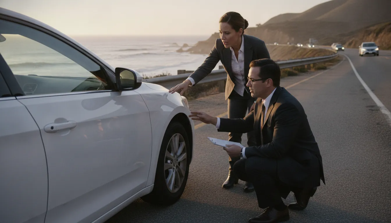 Driver and legal professional examining a repaired vehicle after a California accident