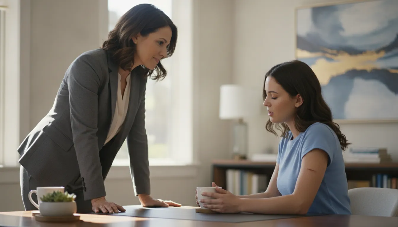 California injury attorney speaking with an accident survivor in a bright law office
