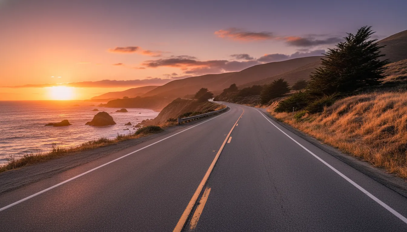 Empty California coastal highway at sunset