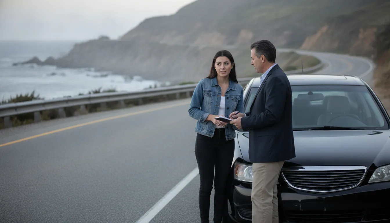 California driver speaking with an attorney beside a vehicle after a collision
