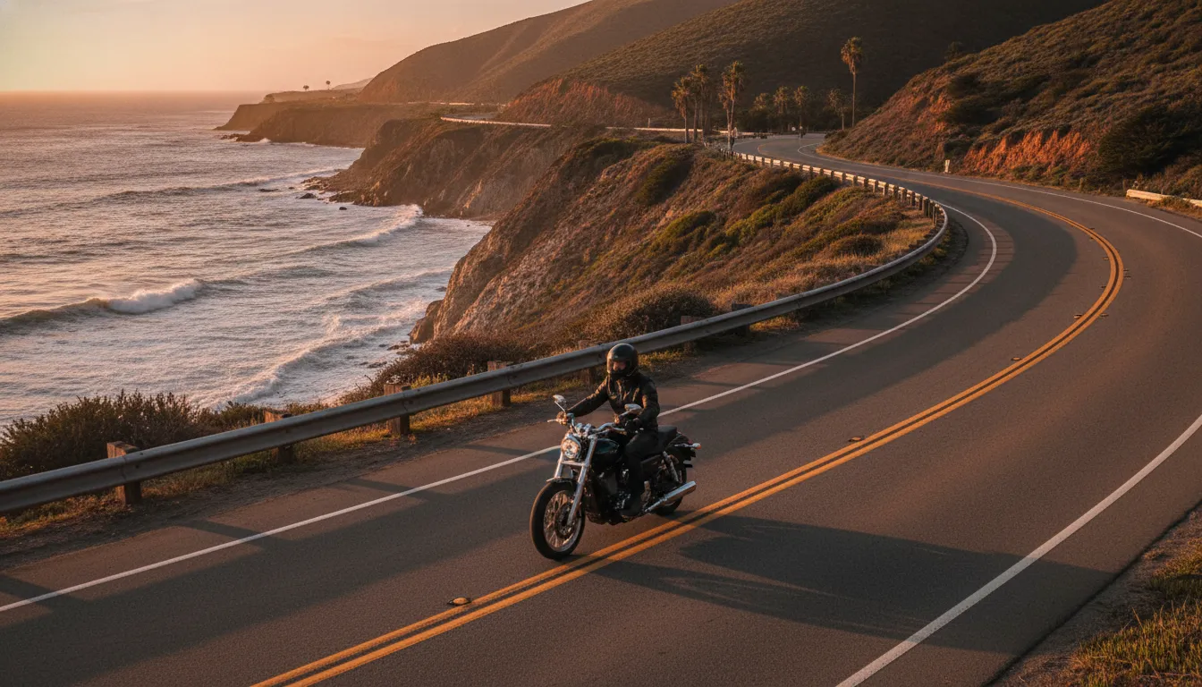 Motorcyclist riding a California coastal highway seeking motorcycle accident compensation in California
