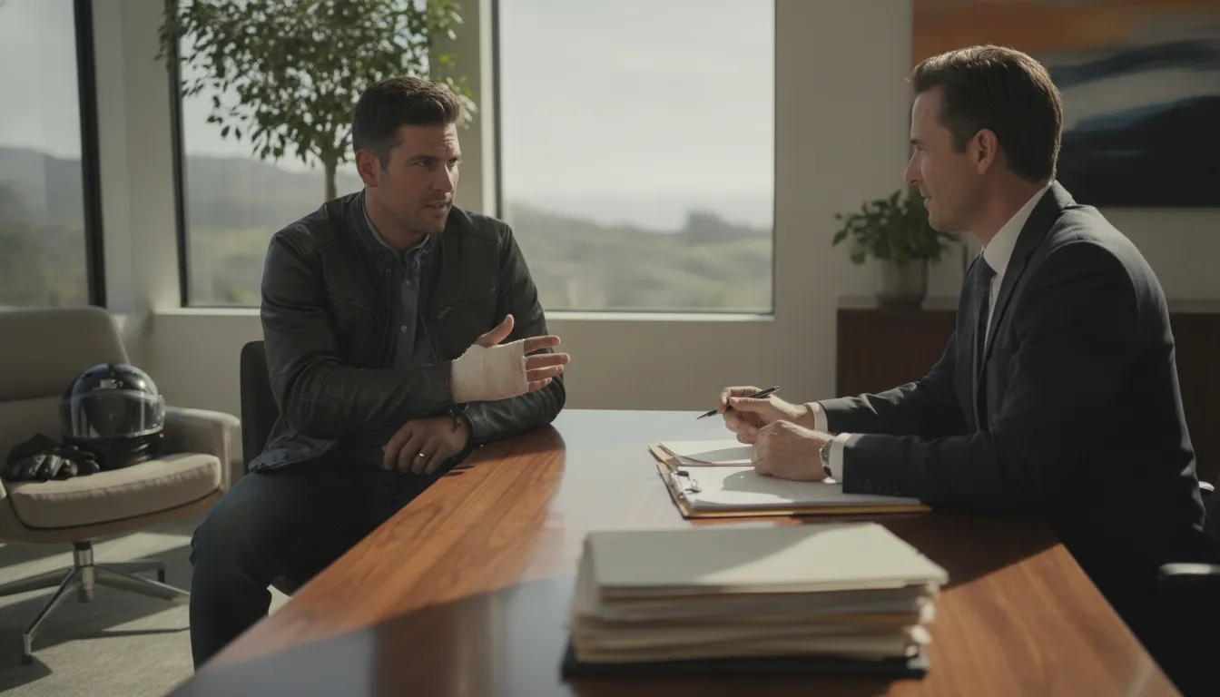 Motorcycle rider reviewing insurance coverage with a California injury attorney
