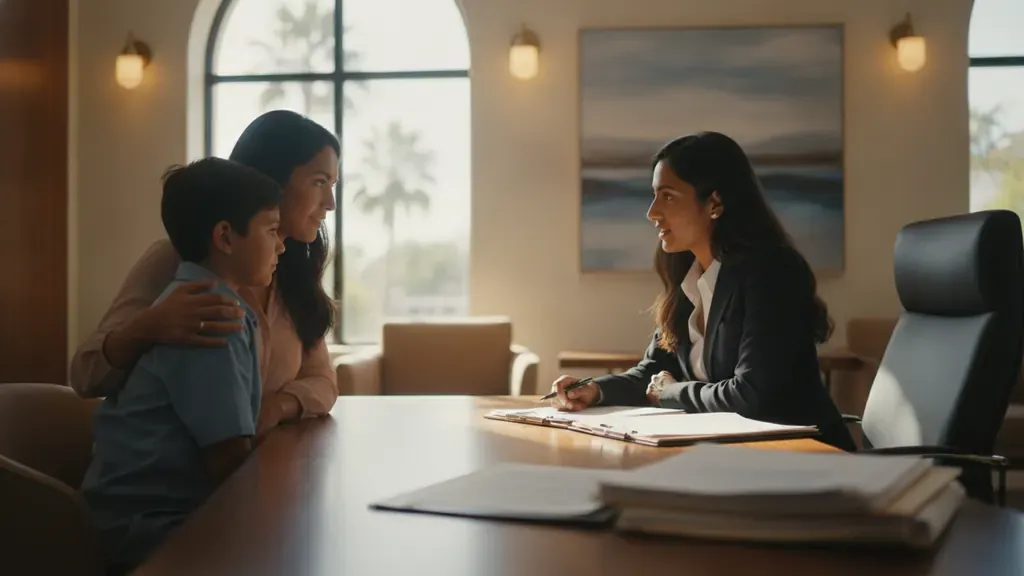 Parent and child discussing personal injury settlements for minors with a California attorney