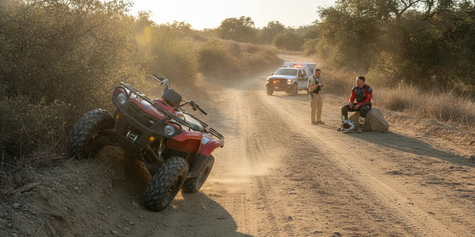 An all-terrain vehicle stopped on a California trail after a crash, with a rider speaking to a responder nearby