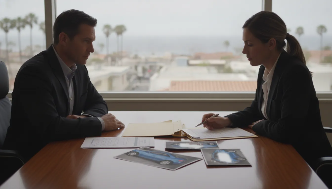 An attorney and a client reviewing a car accident claim folder in a California office