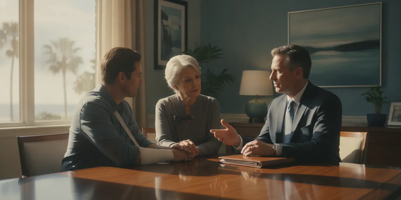 A family speaking with a lawyer in a calm office after a serious accident