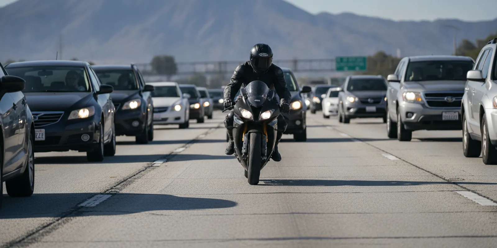 Motorcyclist traveling between lanes of slow-moving traffic on a California freeway