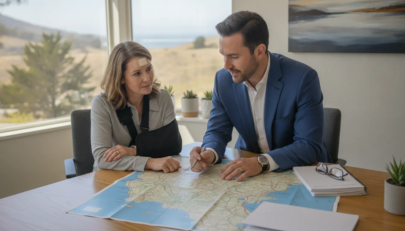 Injured California accident victim reviewing case notes with a lawyer