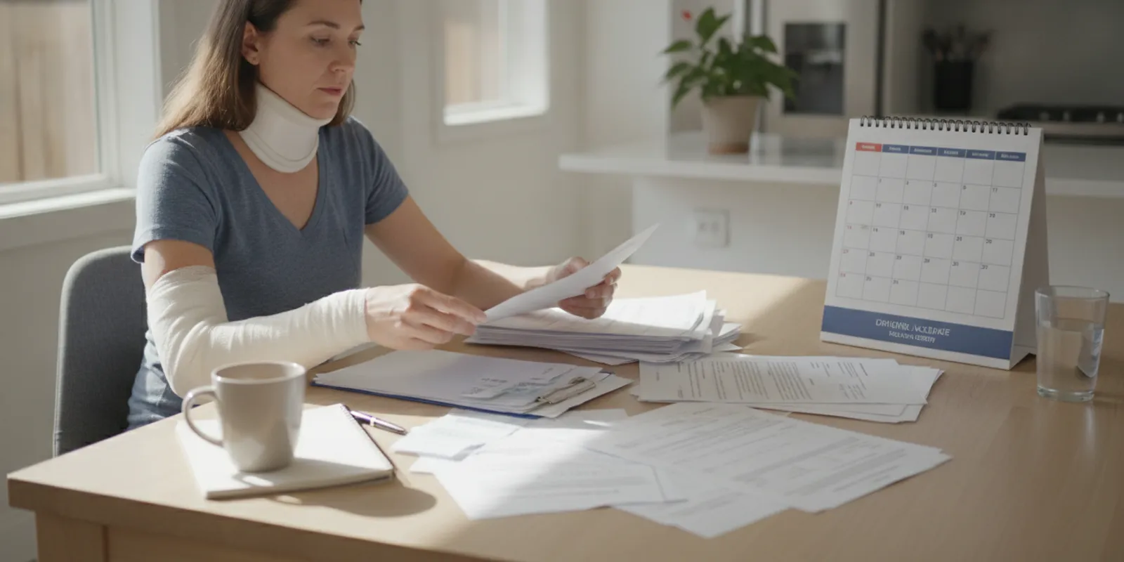 California accident victim organizing medical and insurance records at a table